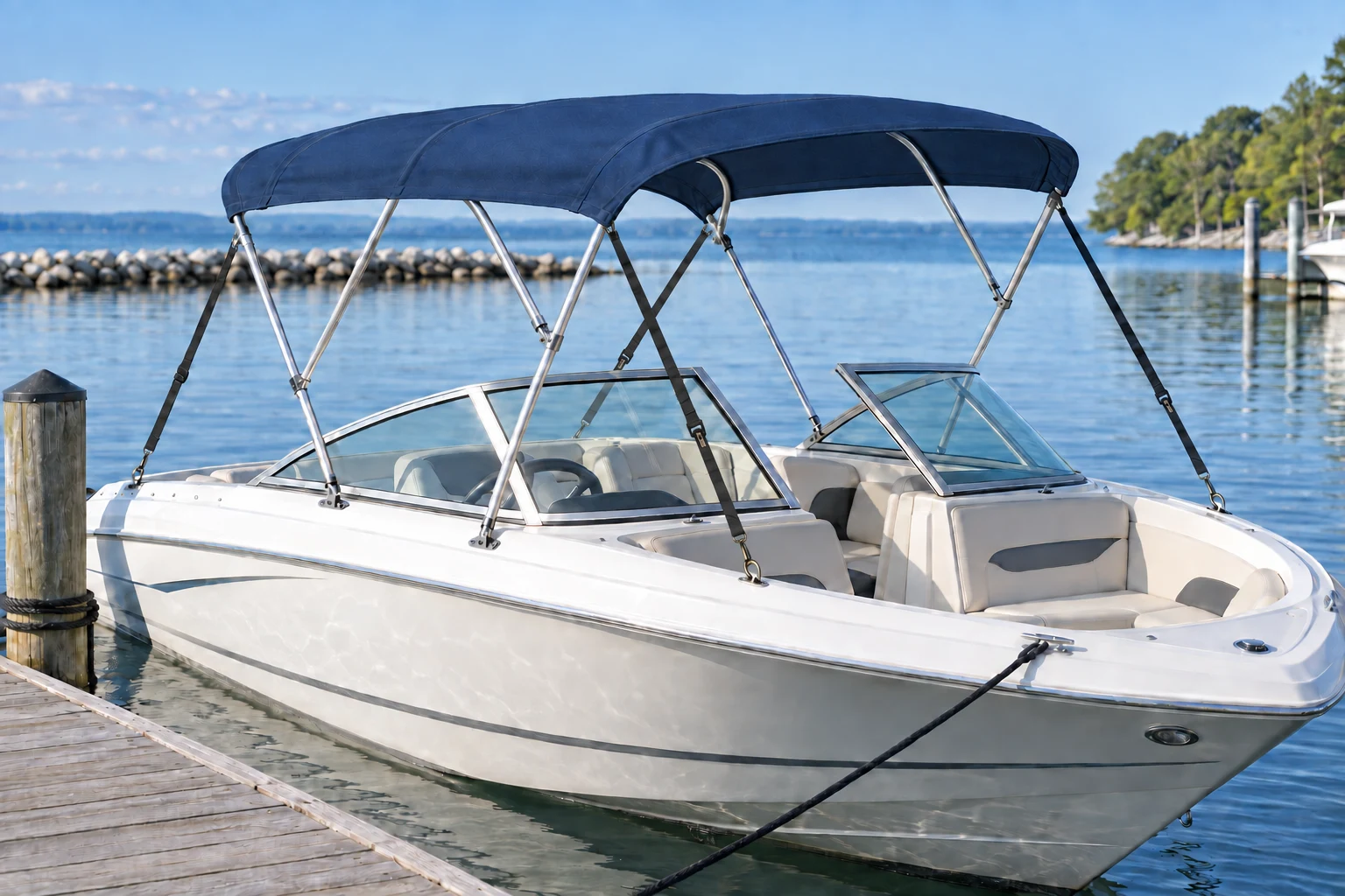 AI-generated illustration of a navy fabric bimini on a recreational boat