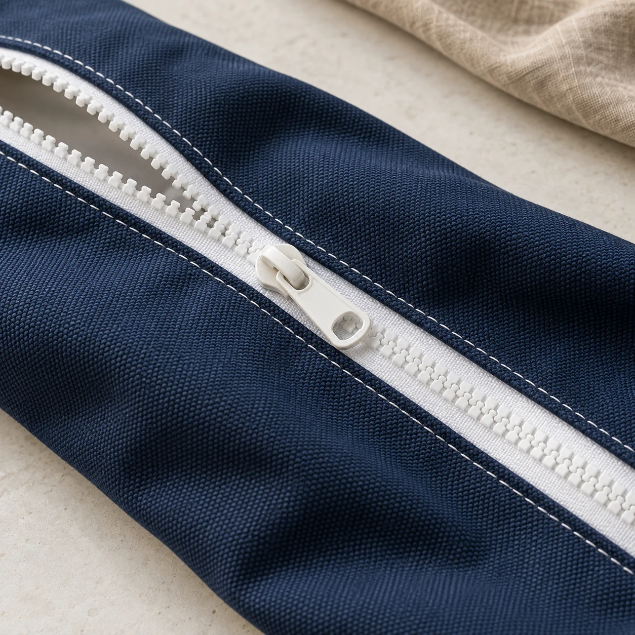 AI-generated close-up of navy marine canvas with a white zipper and parallel stitching