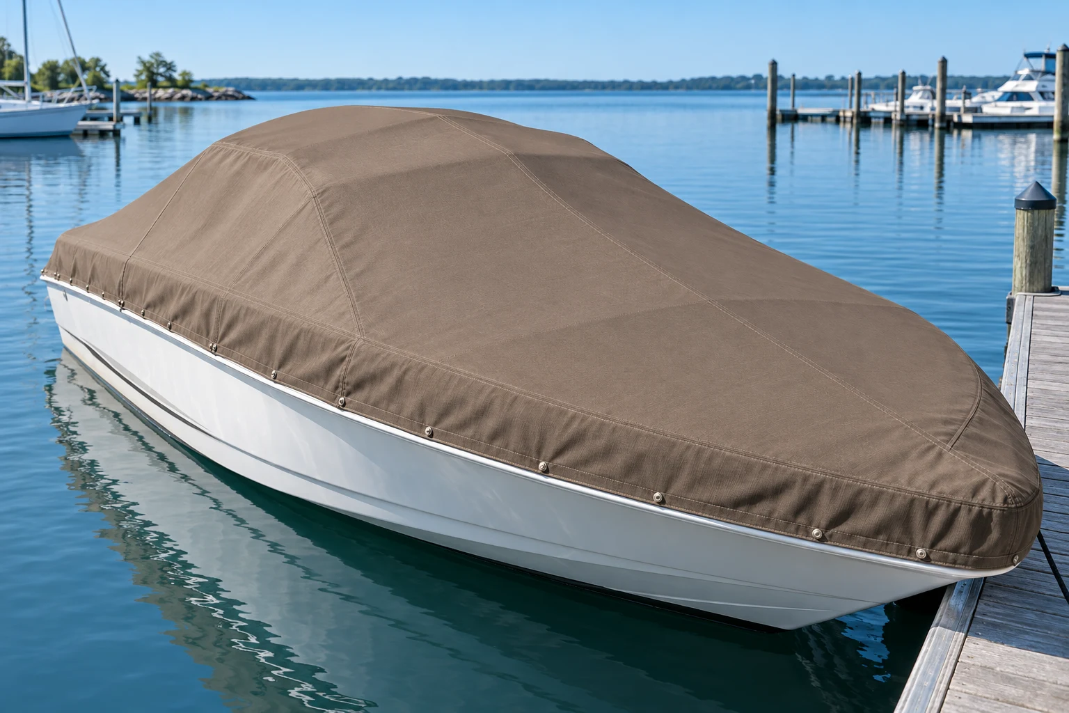 AI-generated illustration of a brown fitted boat cover