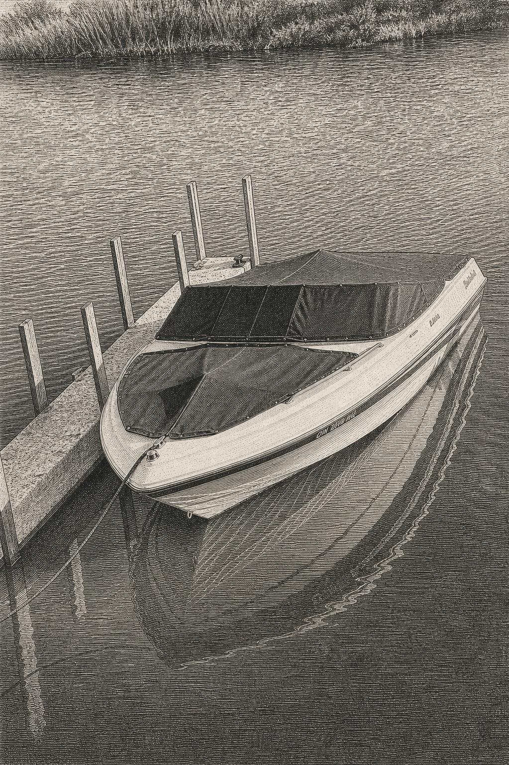 Boat with fitted marine canvas cover at a dock