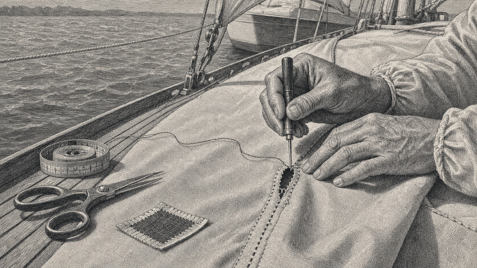 Marine canvas repair close-up with shears and awl engraving