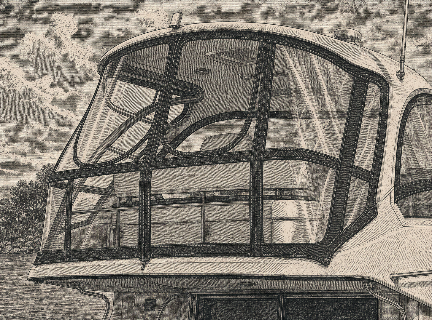 Vintage engraving of a clear vinyl boat enclosure
