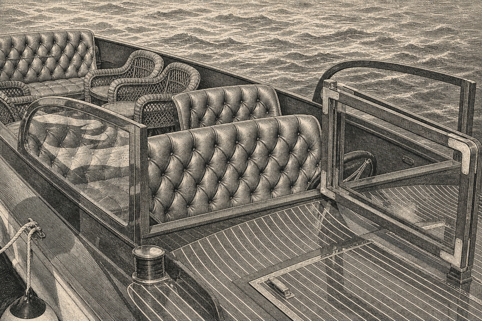 Vintage engraving of tufted marine upholstery seating