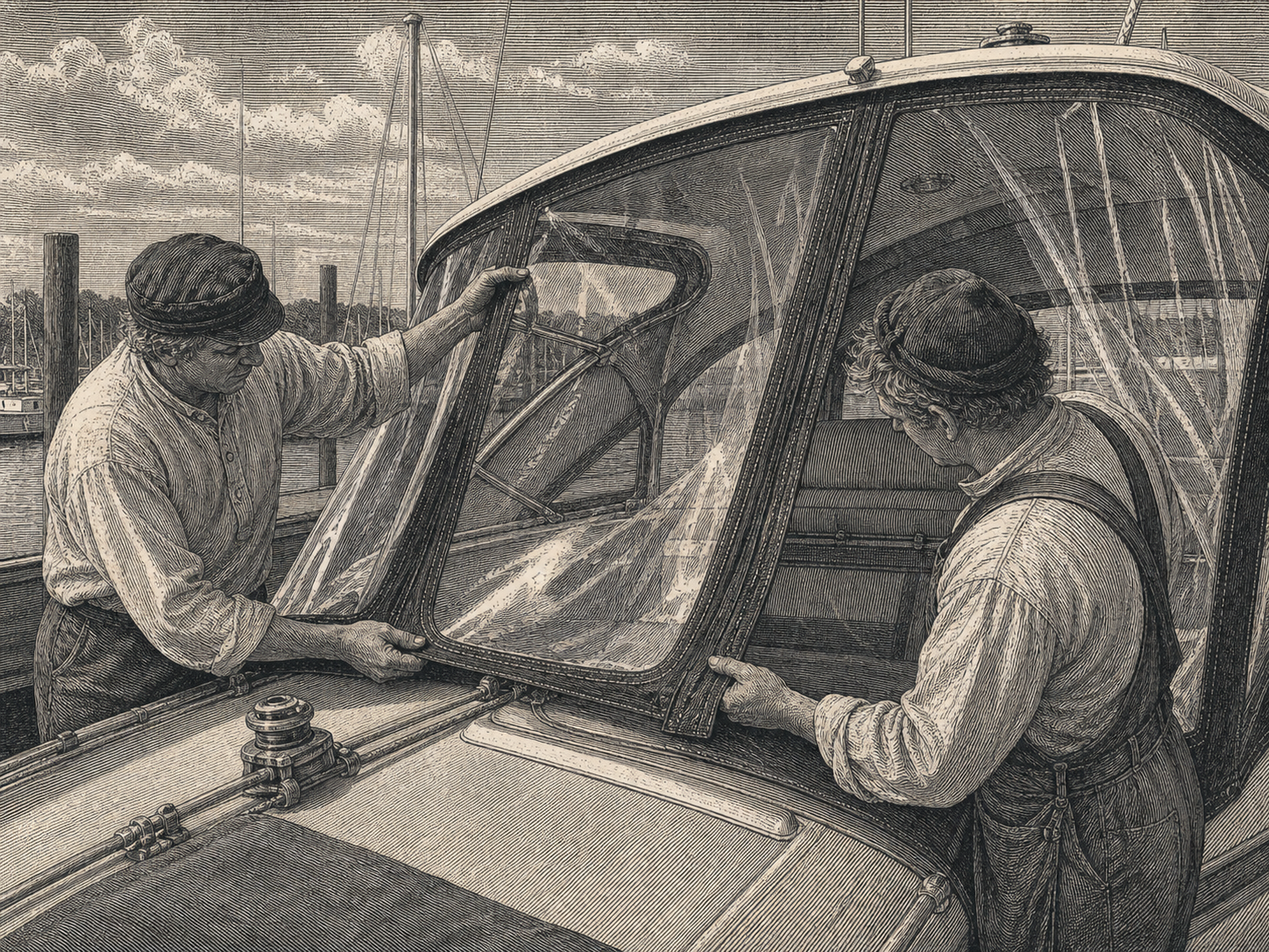 Vintage engraving of clear vinyl boat window inspection