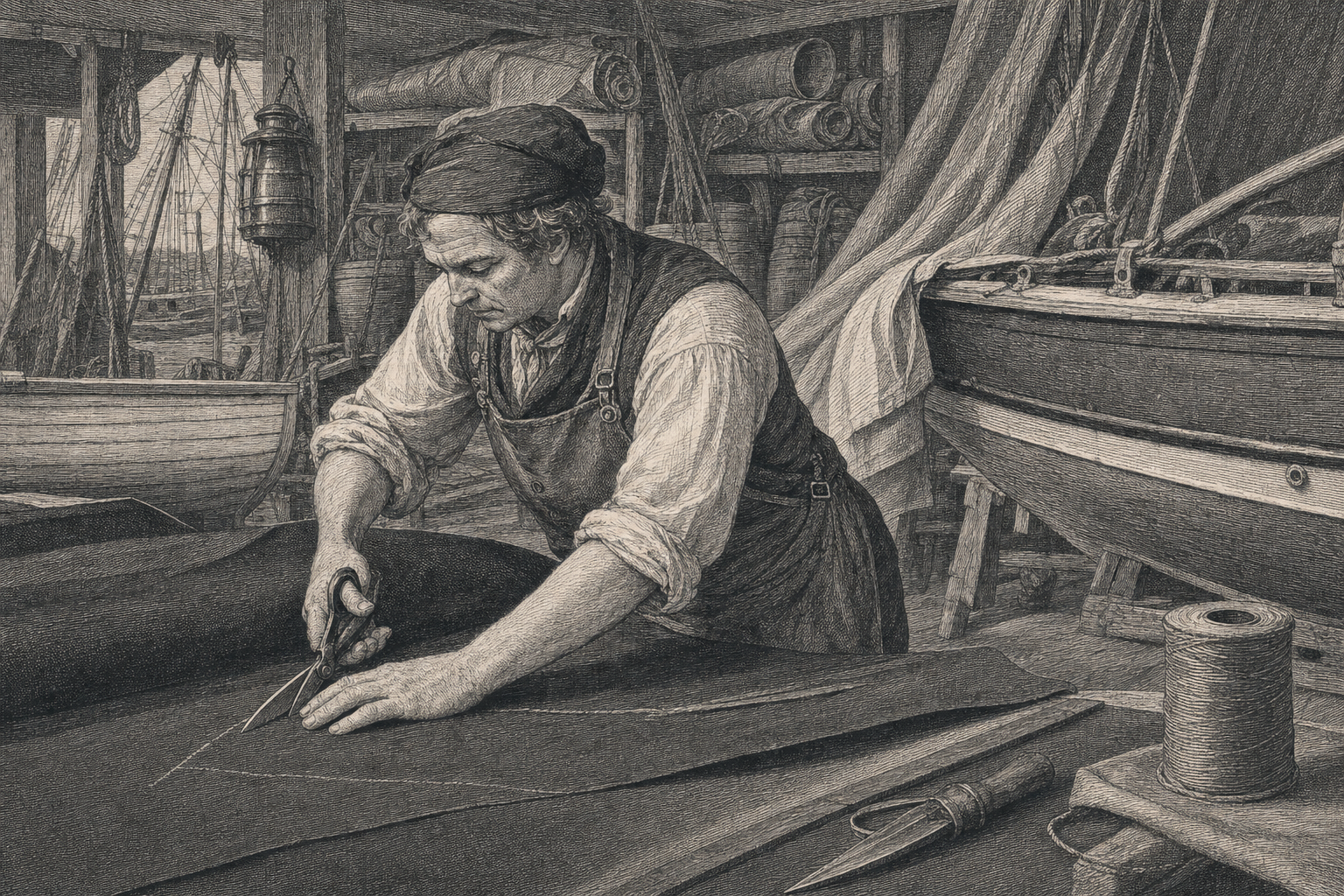 18th-century marine canvas master in a workshop