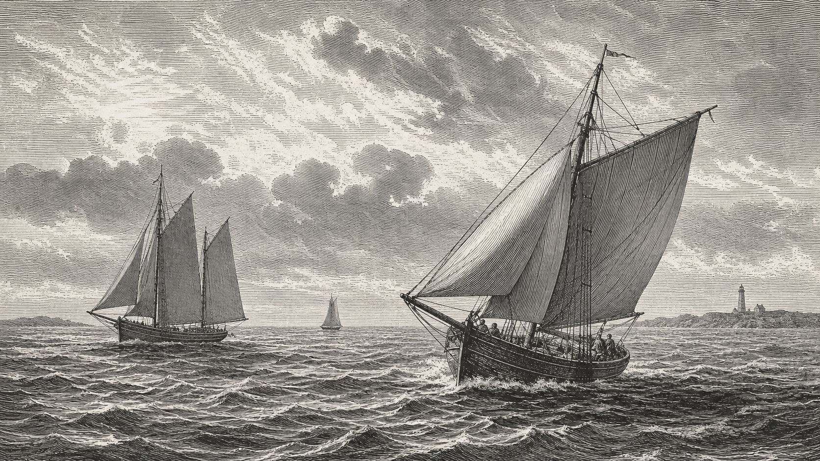 Vintage engraving of sailing boats at sea